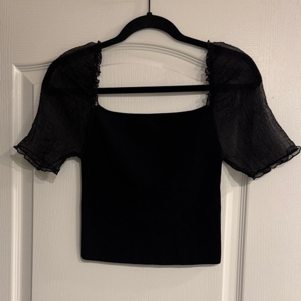 Zara Elegant Black Blouse with Sheer Sleeves